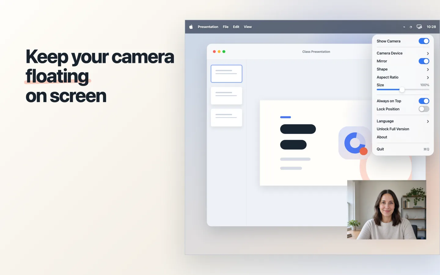 Float Camera menu and floating camera over a presentation