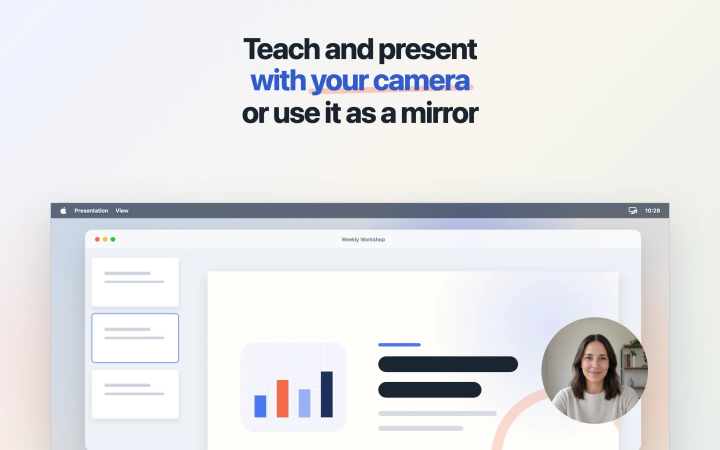Circular camera view beside a presentation
