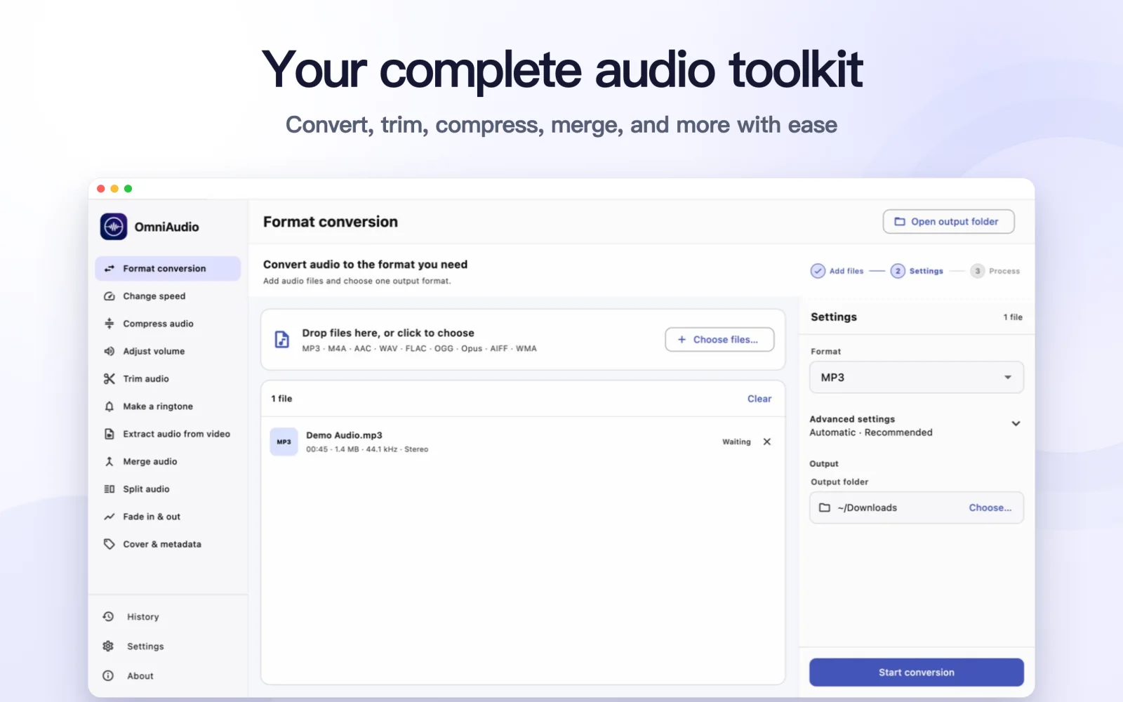 OmniAudio format conversion workspace with an audio file loaded