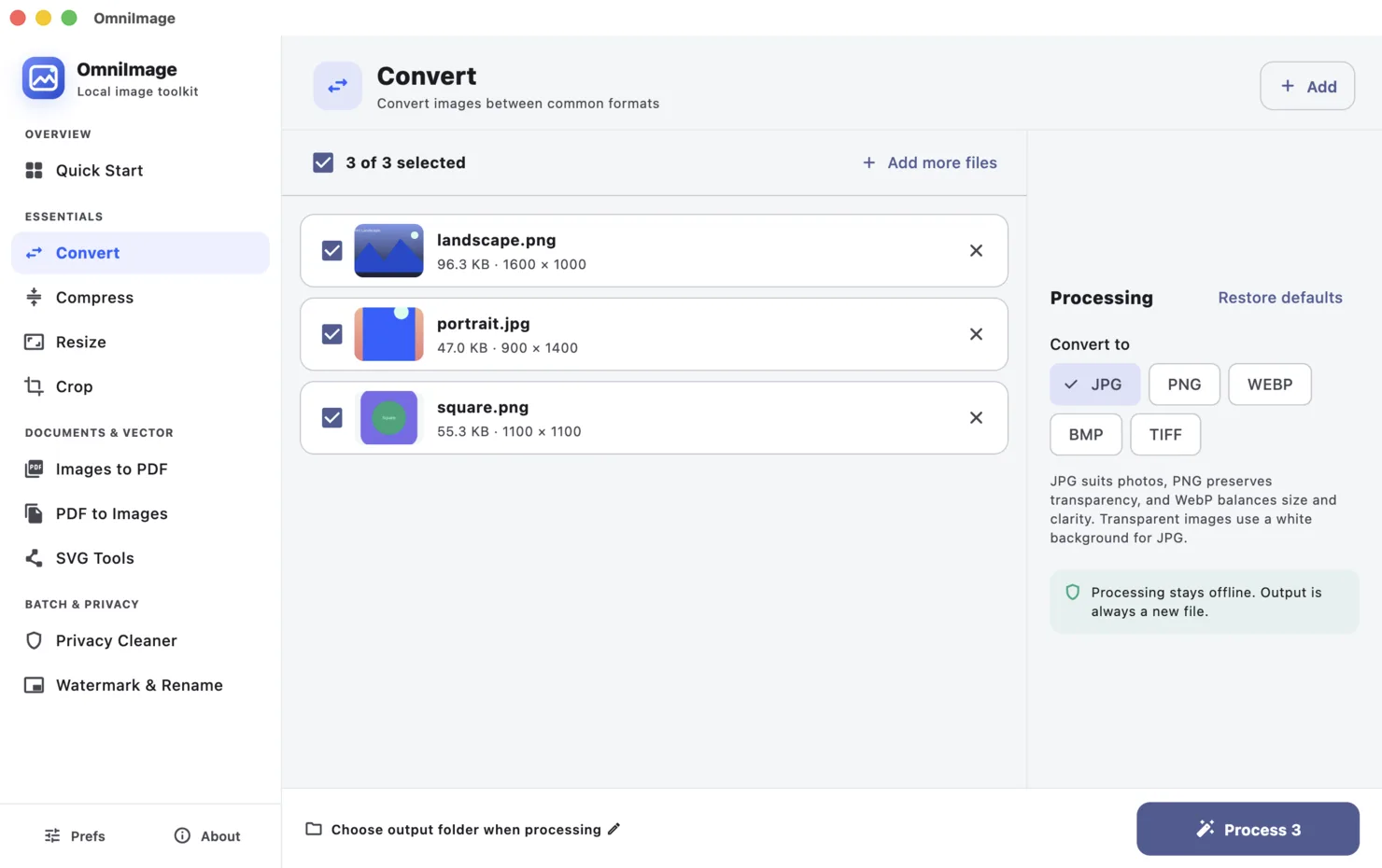 OmniImage interface for convert png to jpg in a batch