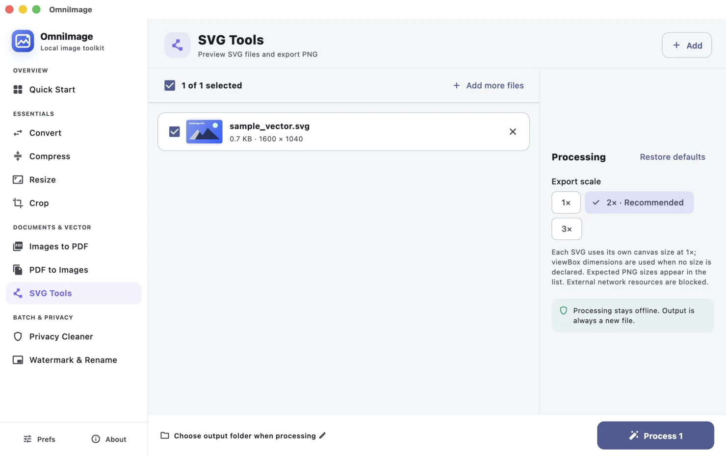 OmniImage interface for export svg as high-resolution png