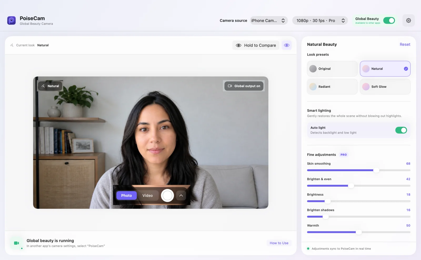 PoiseCam showing a naturally adjusted camera preview and beauty controls on Mac