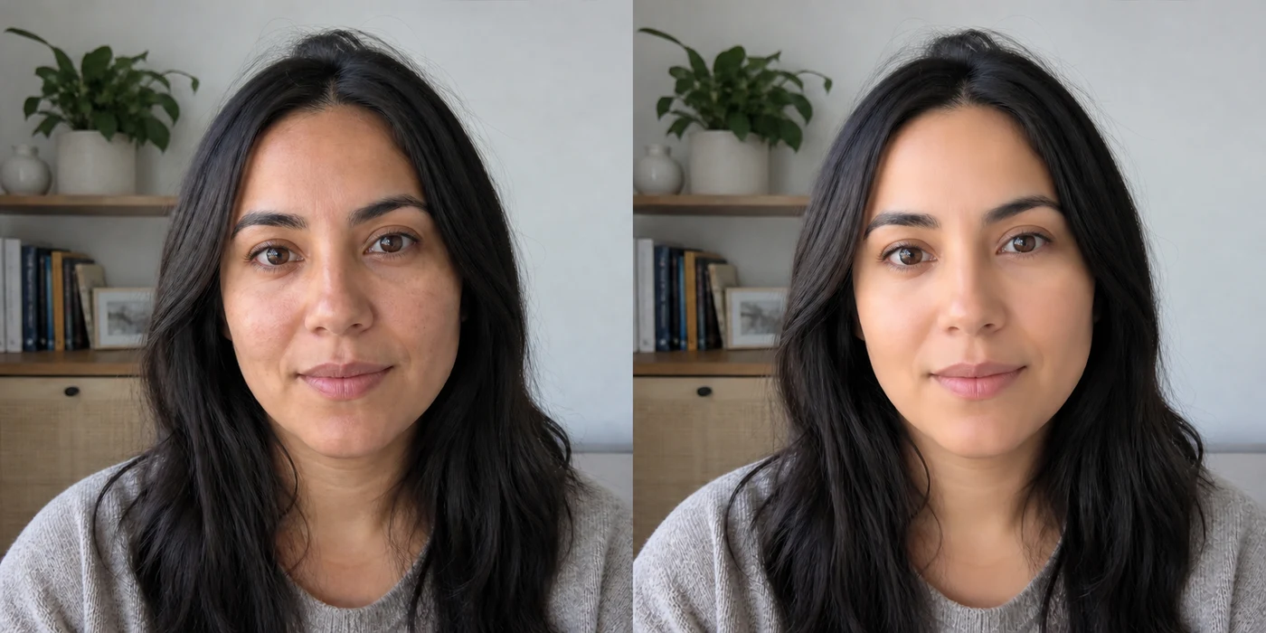 Side-by-side original and PoiseCam beauty-adjusted camera portrait