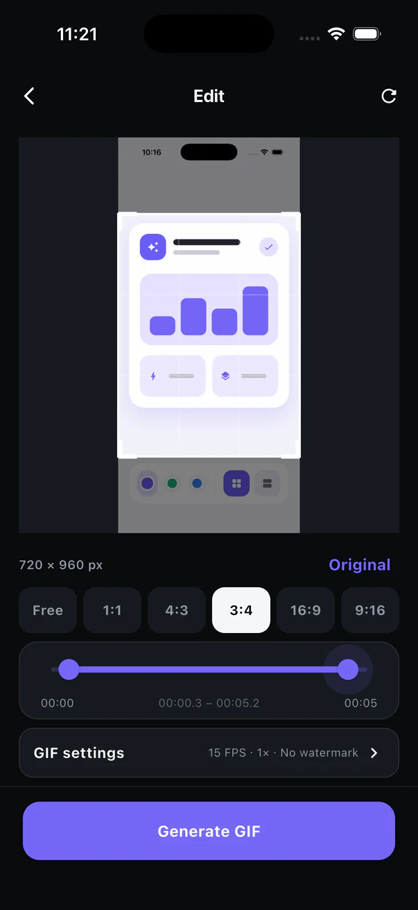 ScreenGIF editor cropping and trimming a screen recording
